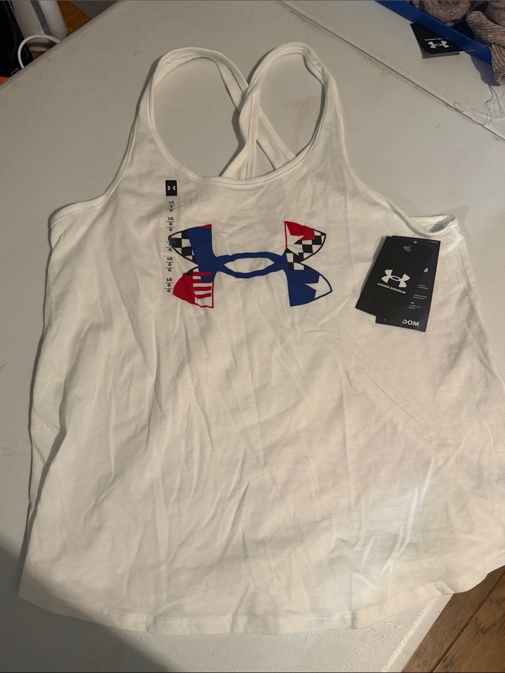 Under Armour White Racerback Tank with Red & Blue Logo